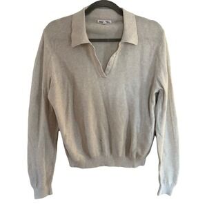 ALEX MILL Preppy Knit Polo Sweater Beige Long Sleeve Classic Pullover Large
